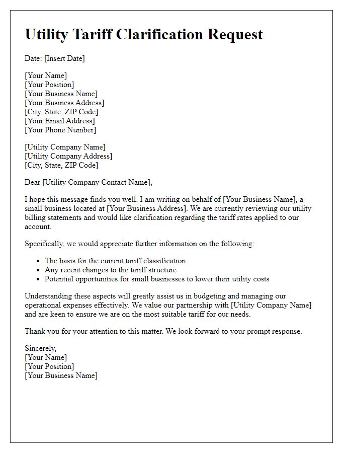 Letter template of utility tariff clarification request for small businesses.