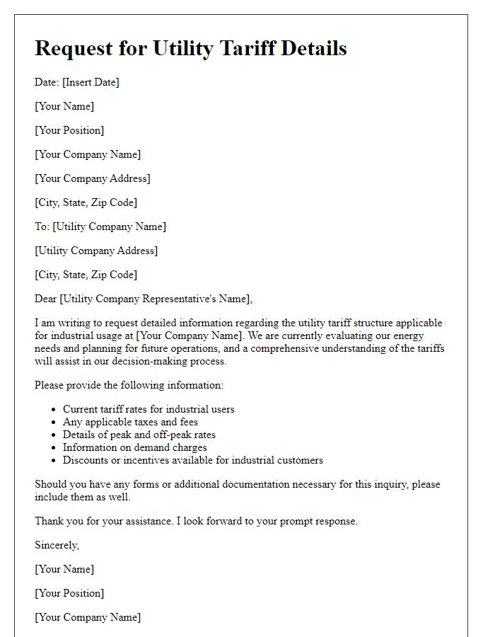 Letter template of utility tariff details request for industrial usage.