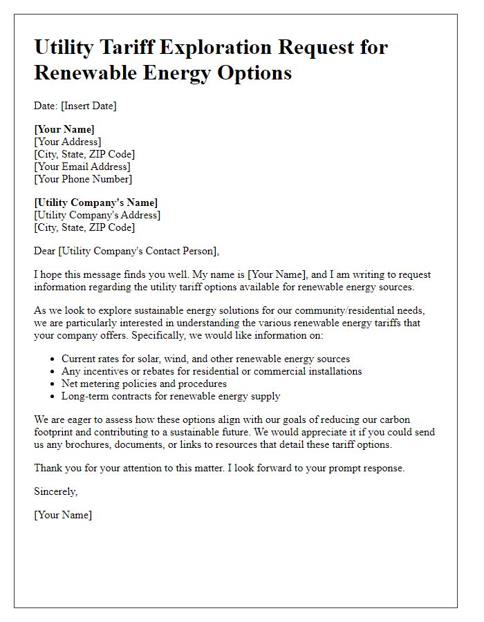 Letter template of utility tariff exploration request for renewable energy options.