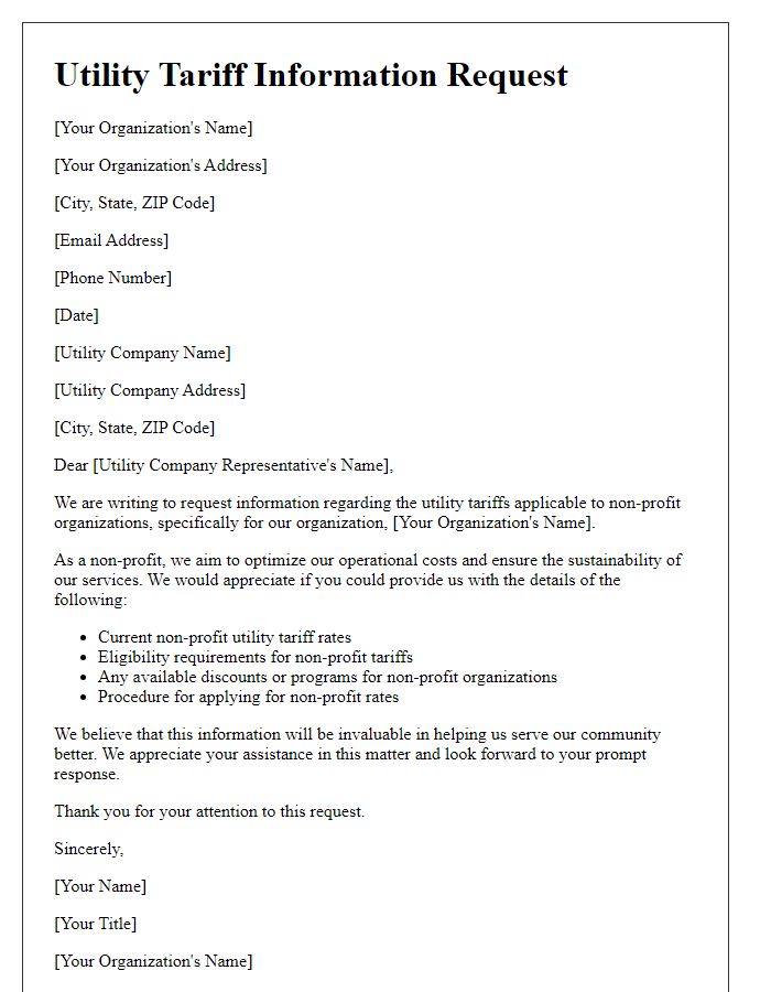 Letter template of utility tariff information request for non-profit organizations.