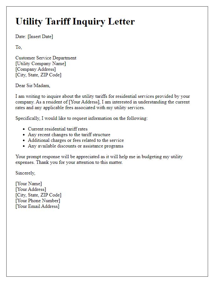 Letter template of utility tariff inquiry for residential services.