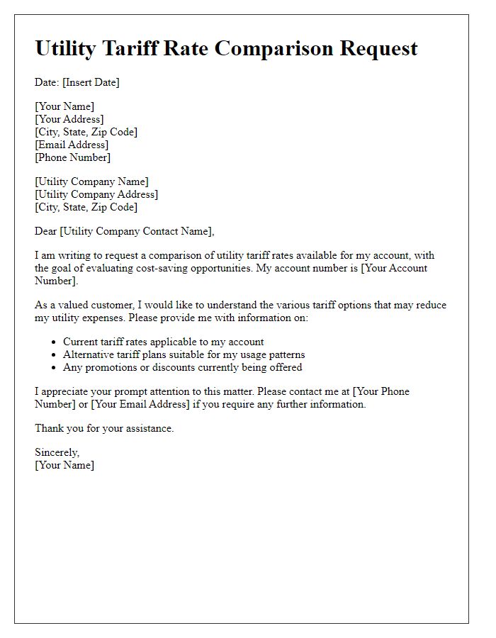 Letter template of utility tariff rate comparison request for cost-saving evaluation.