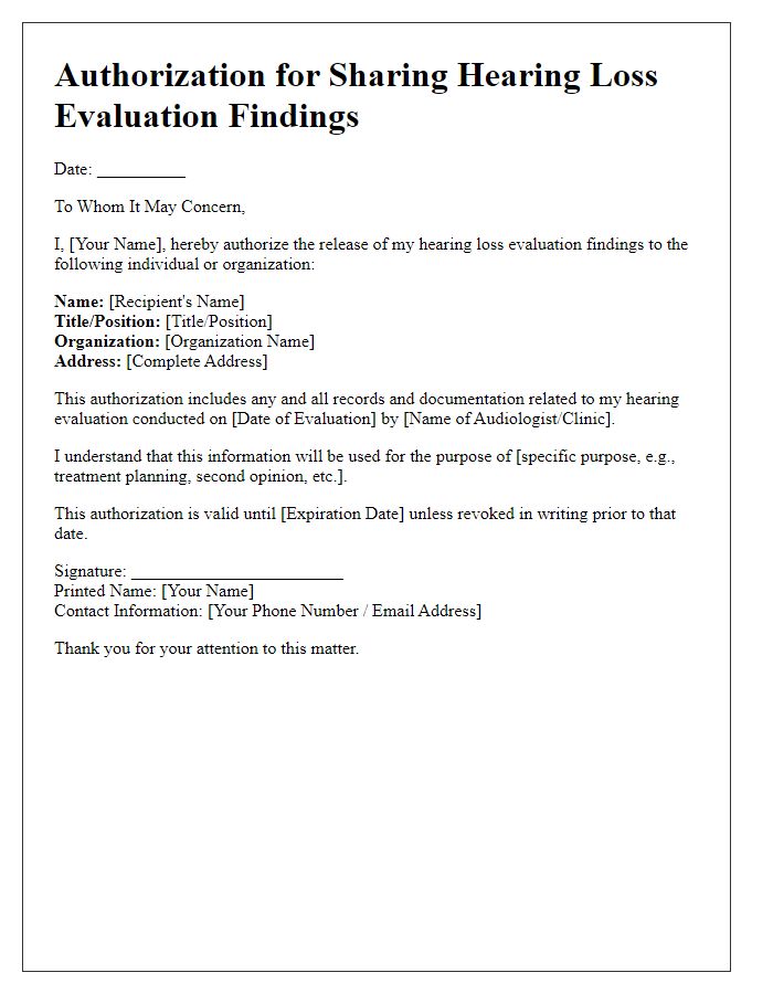 Letter template of authorization for sharing hearing loss evaluation findings