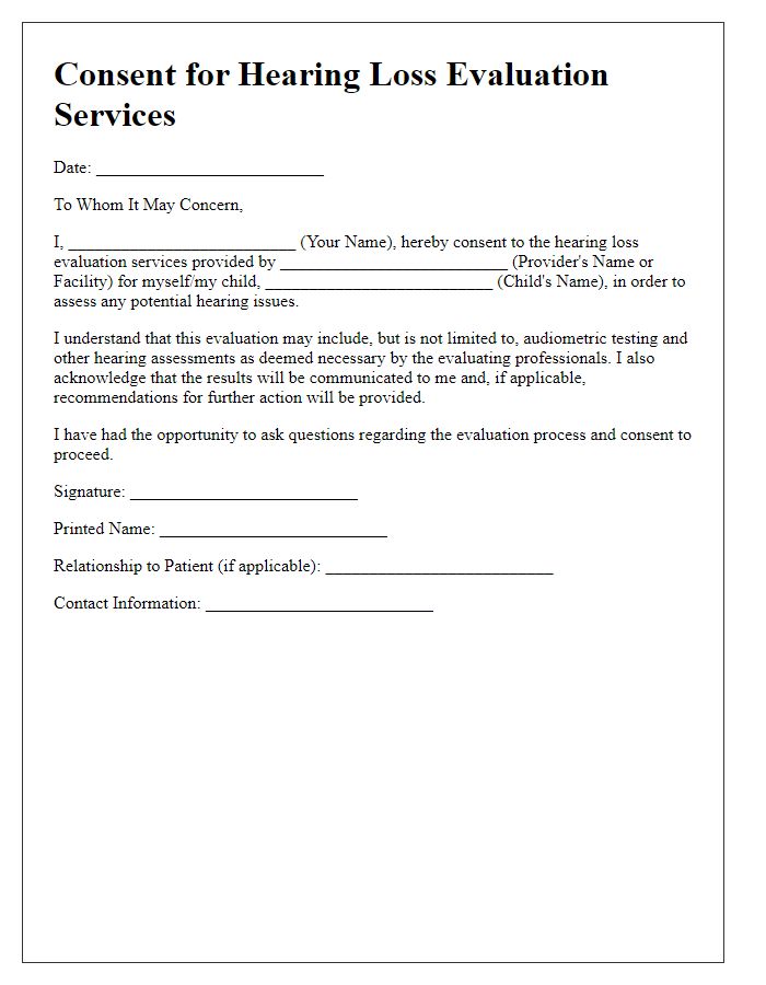 Letter template of consent for hearing loss evaluation services