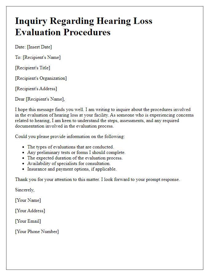 Letter template of inquiry regarding hearing loss evaluation procedures