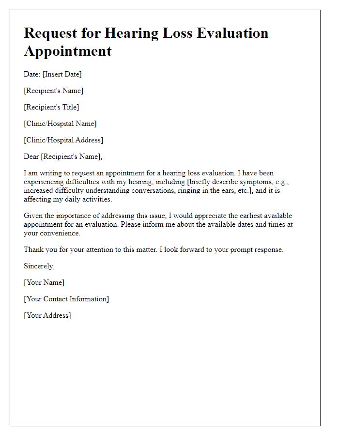 Letter template of request for hearing loss evaluation appointment