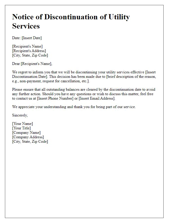 Letter template of discontinuation of utility services