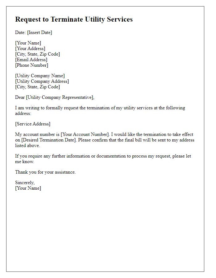 Letter template of request to terminate utility services