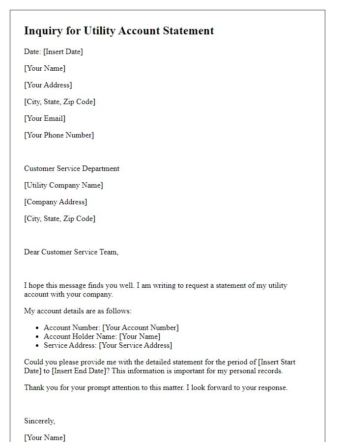 Letter template of Inquiry for Utility Account Statement