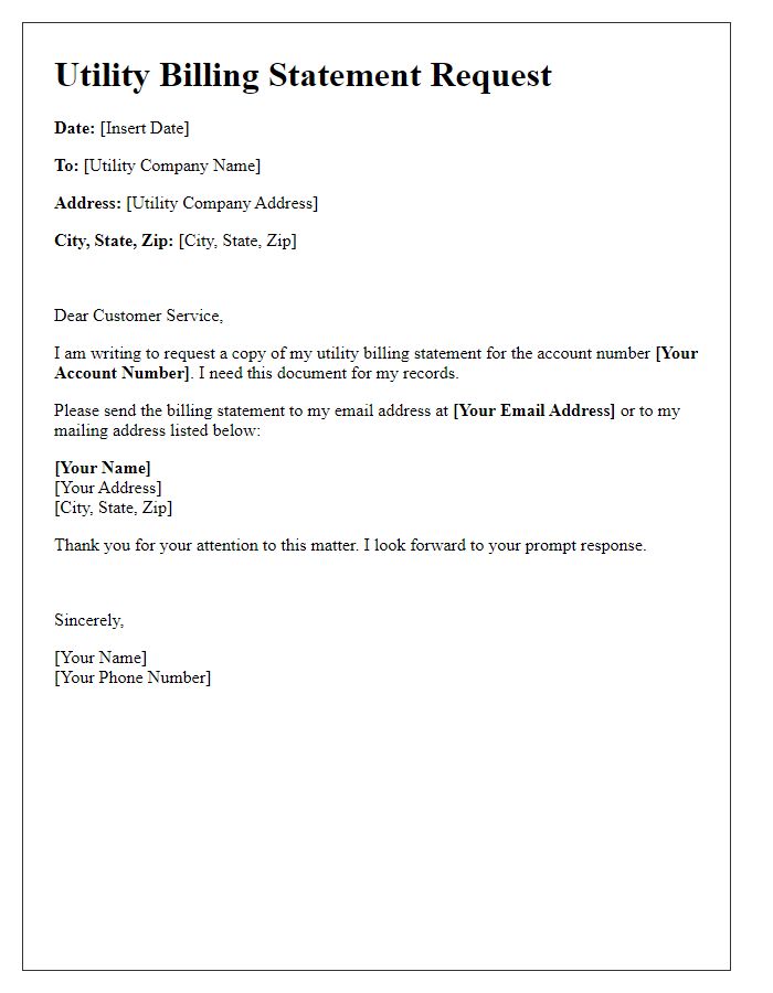Letter template of Utility Billing Statement Request