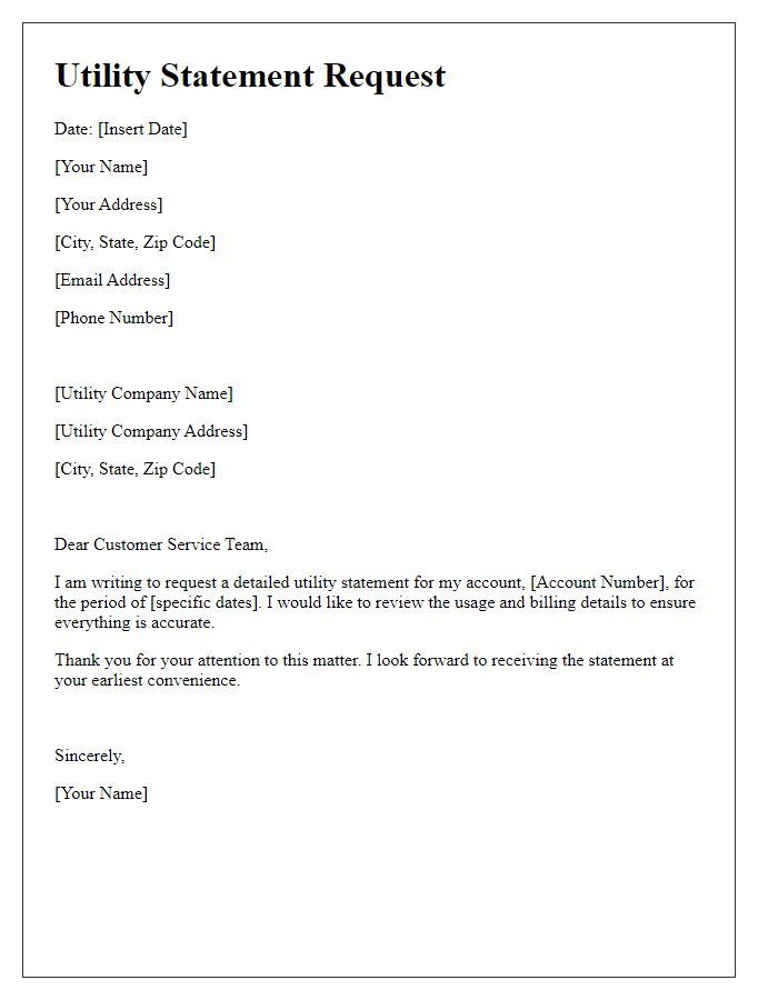 Letter template of Utility Statement Request for Account Review
