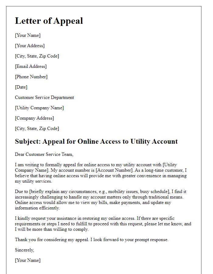 Letter template of appeal for online access to utility account