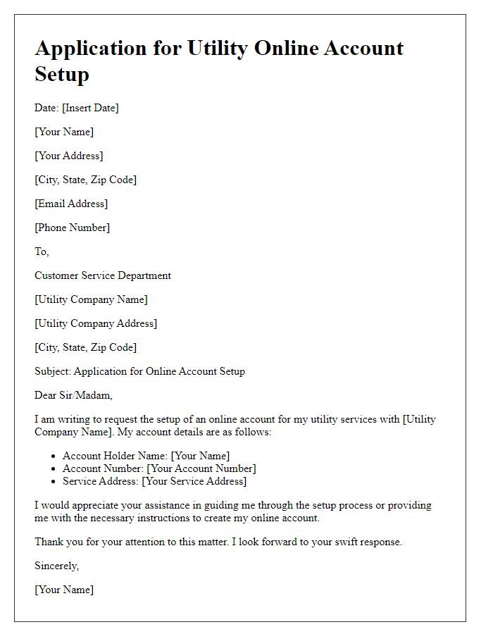 Letter template of application for utility online account setup