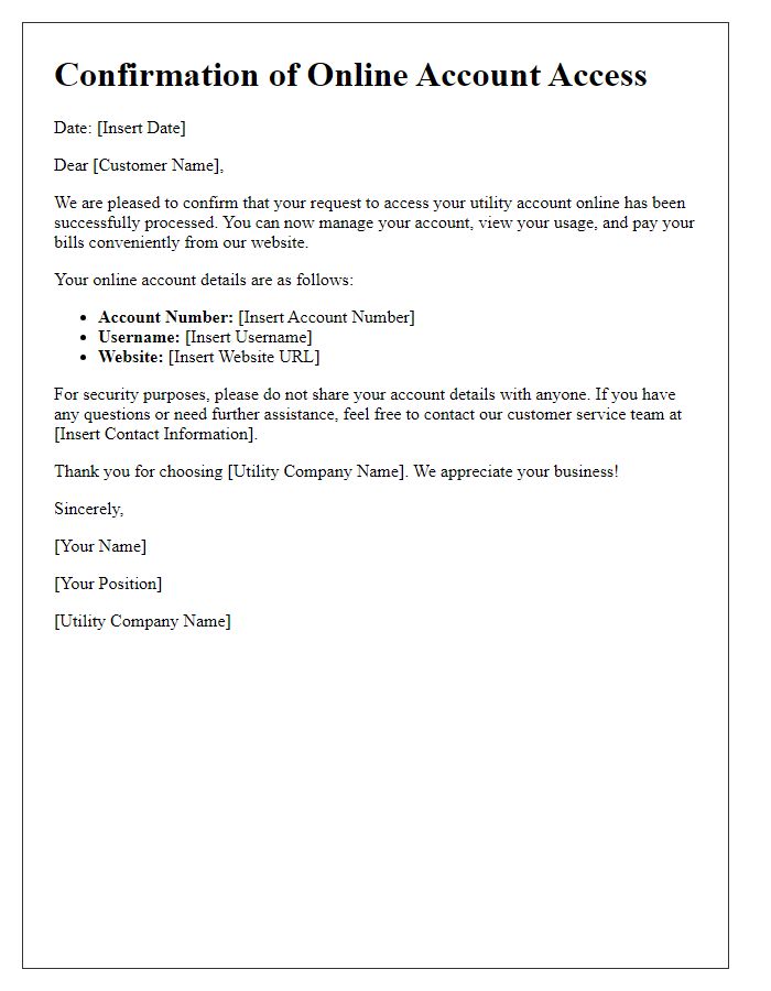 Letter template of confirmation for utility online account access