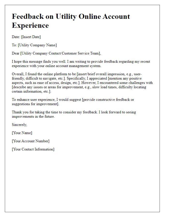 Letter template of feedback on utility online account experience