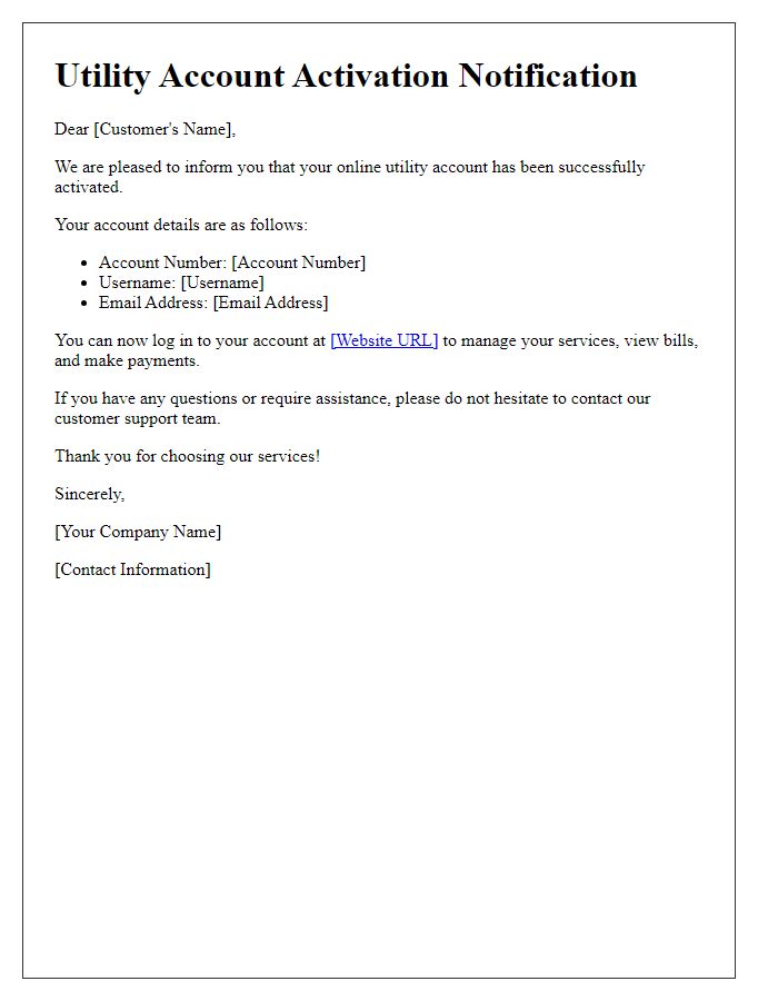 Letter template of notification for online utility account activation