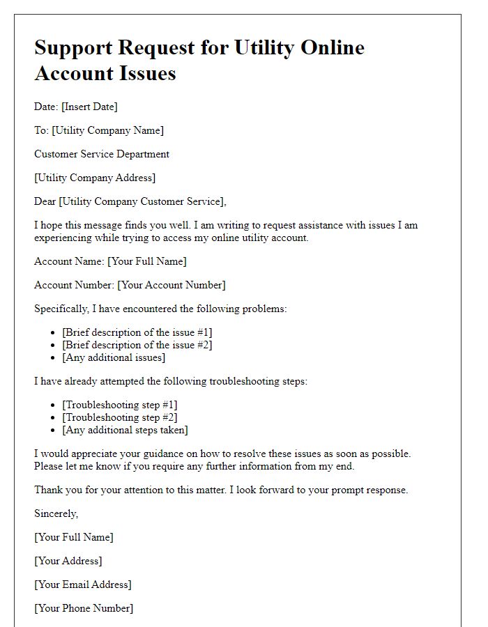 Letter template of support request for utility online account issues