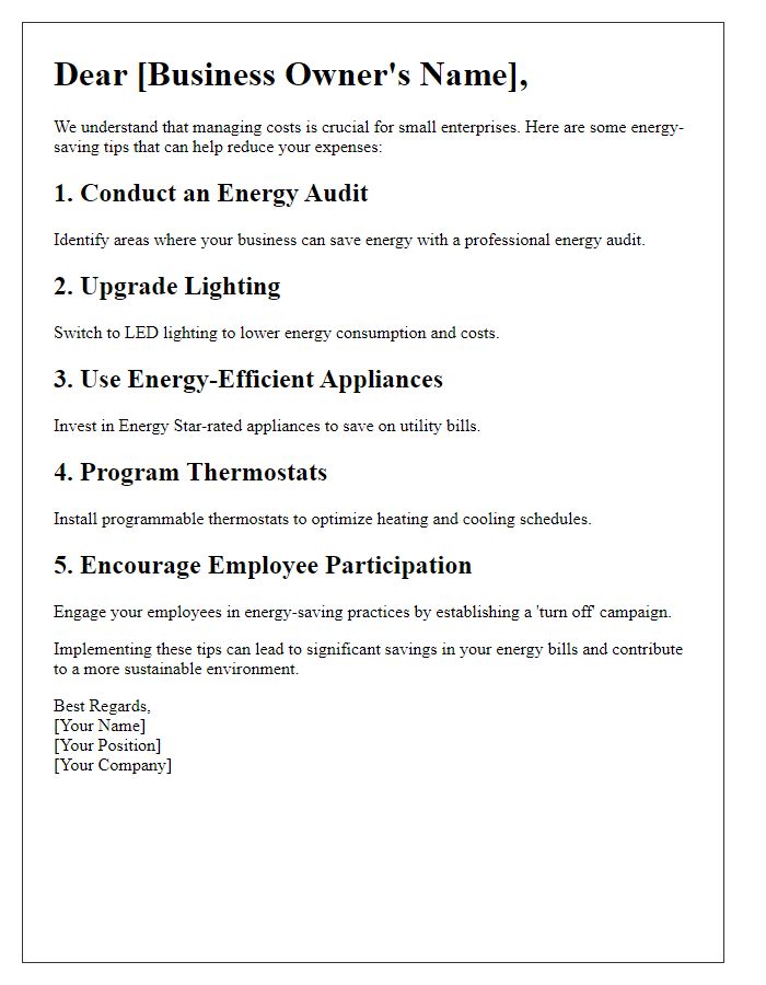 Letter template of cost-reducing energy tips for small enterprises