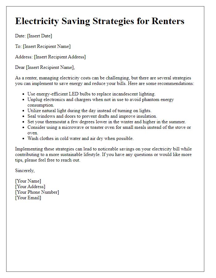 Letter template of electricity-saving strategies for renters