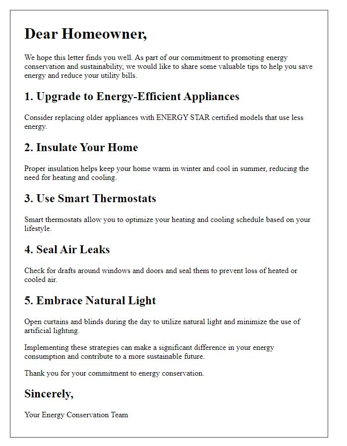 Letter template of energy conservation advice for homeowners