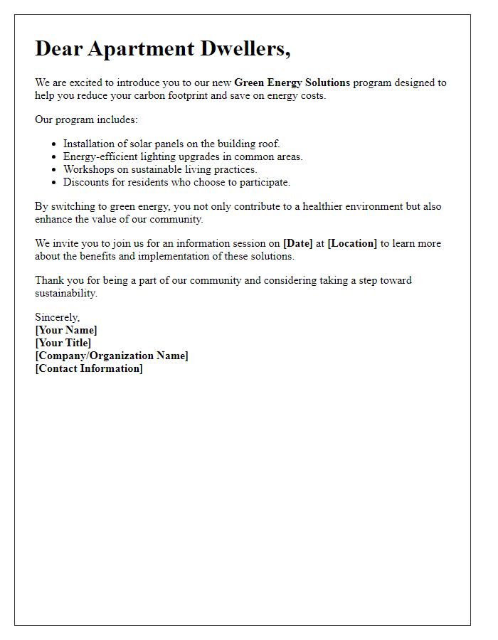 Letter template of green energy solutions for apartment dwellers