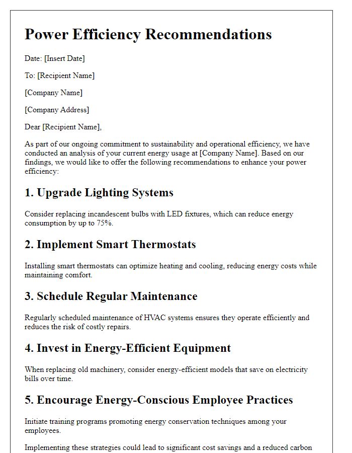 Letter template of power efficiency recommendations for businesses