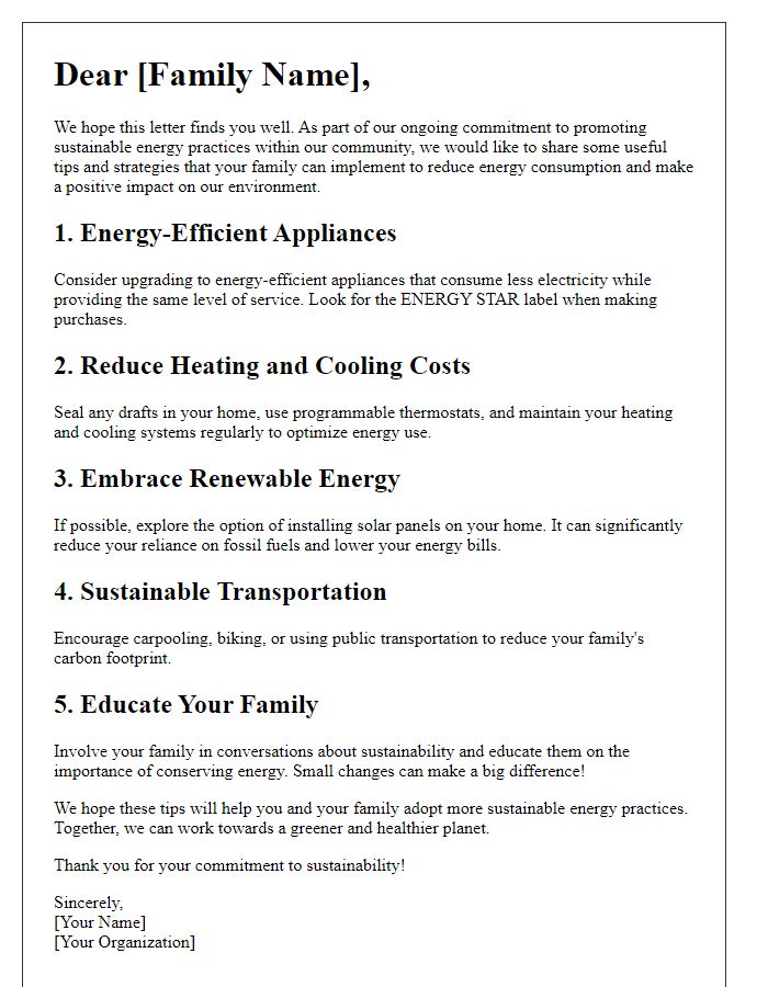 Letter template of sustainable energy practices for families