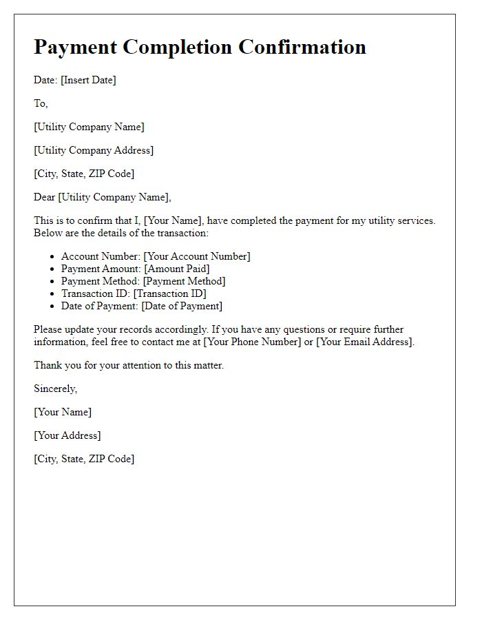 Letter template of payment completion for utility services