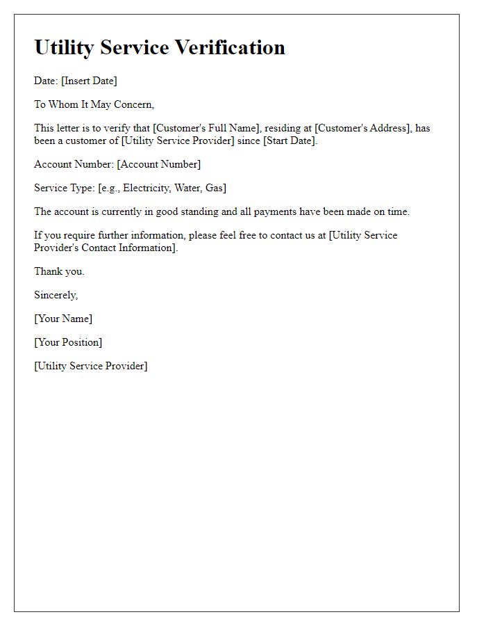 Letter template of utility service verification for account opening