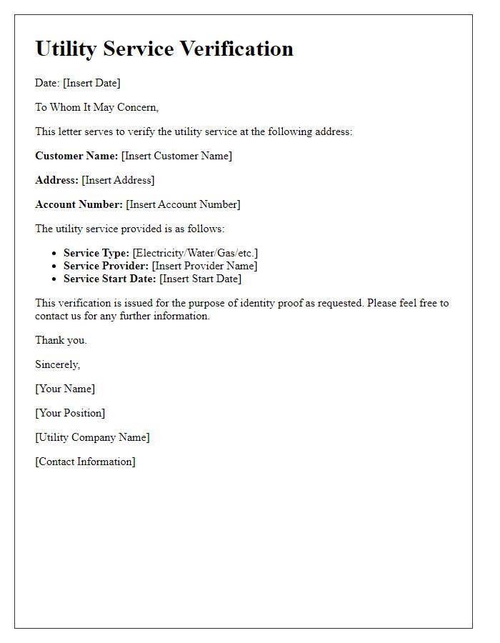 Letter template of utility service verification for identity proof