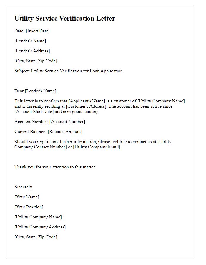 Letter template of utility service verification for loan application