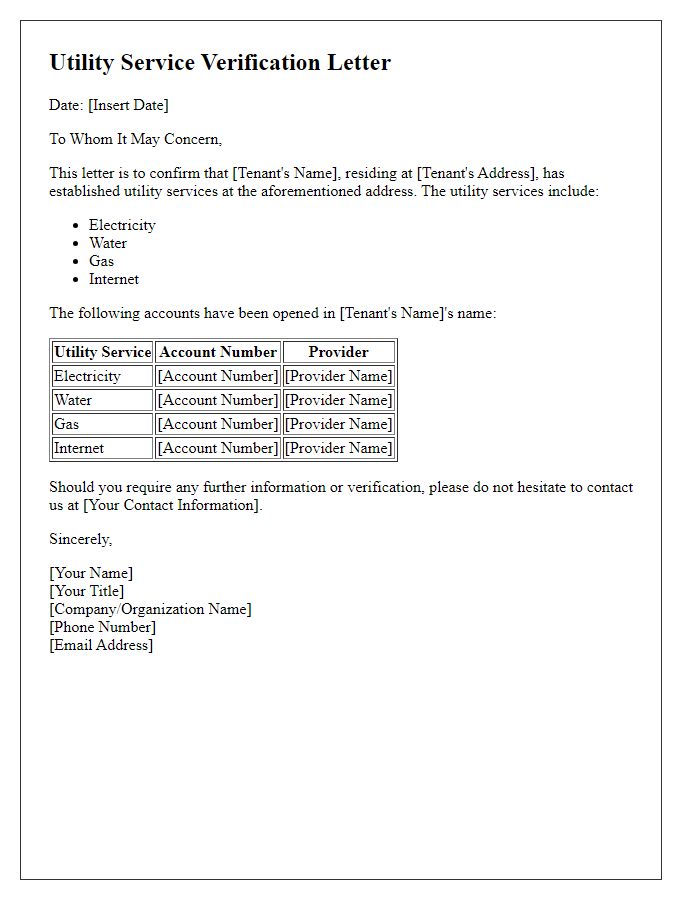 Letter template of utility service verification for rental agreement