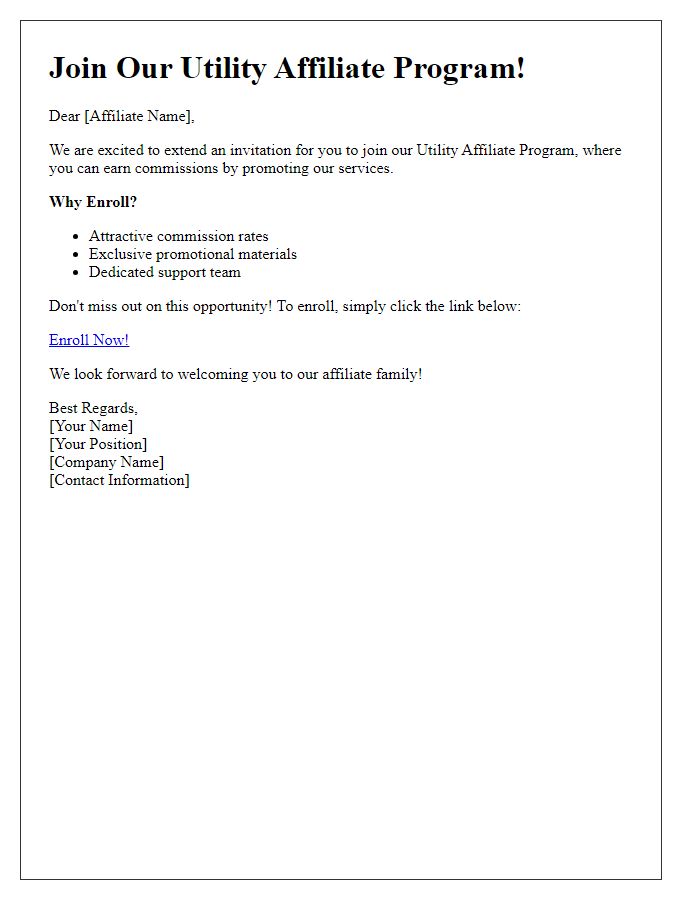 Letter template of call to action for utility affiliate program enrollment