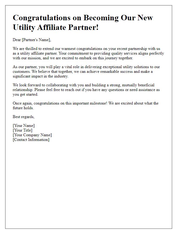 Letter template of congratulations to new utility affiliate partners