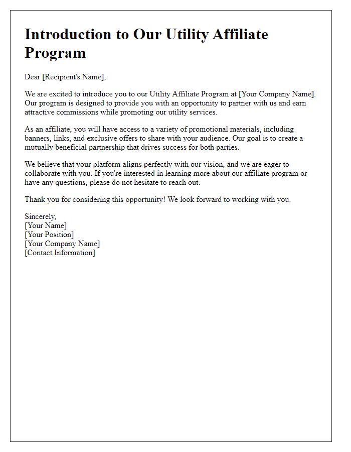 Letter template of introduction to our utility affiliate program