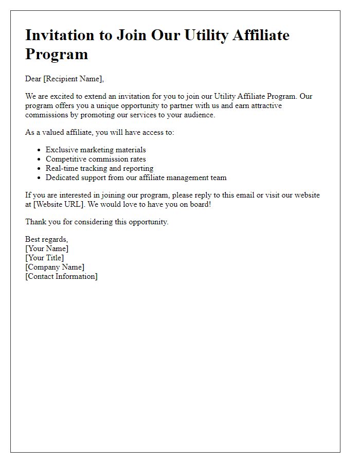 Letter template of invitation to join our utility affiliate program