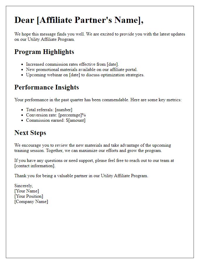 Letter template of updates on our utility affiliate program