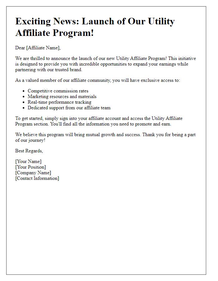 Letter template of utility affiliate program launch announcement