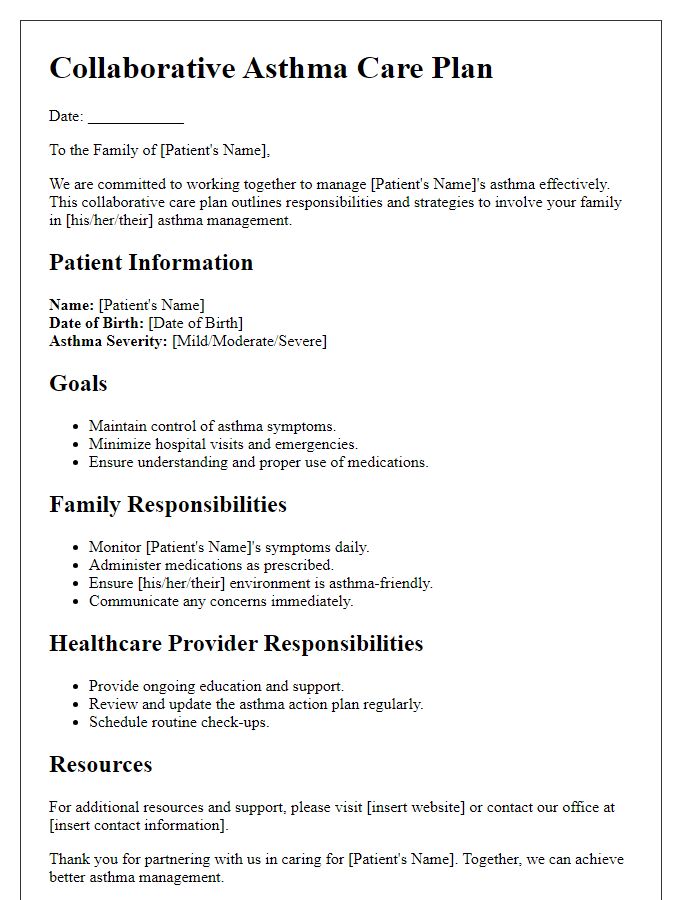 Letter template of collaborative asthma care plan for family involvement.