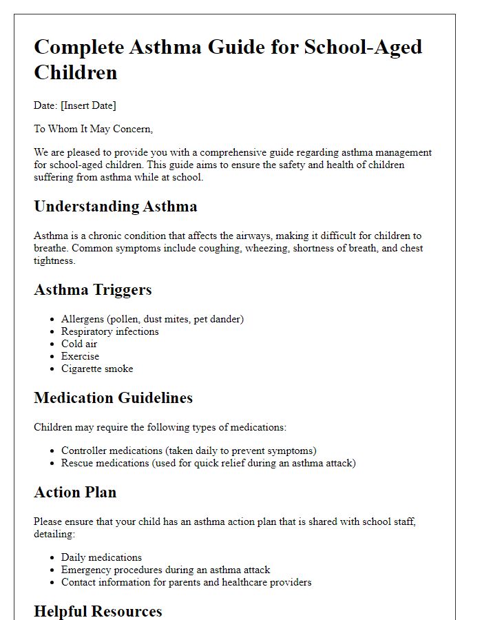 Letter template of complete asthma guide for school-aged children.