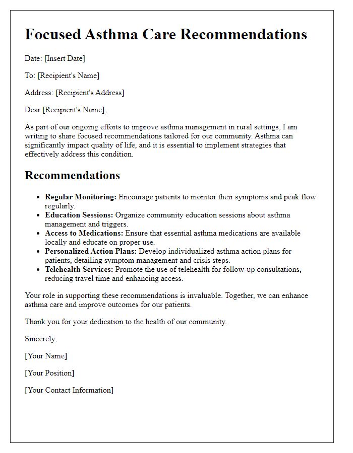 Letter template of focused asthma care recommendations for rural settings.