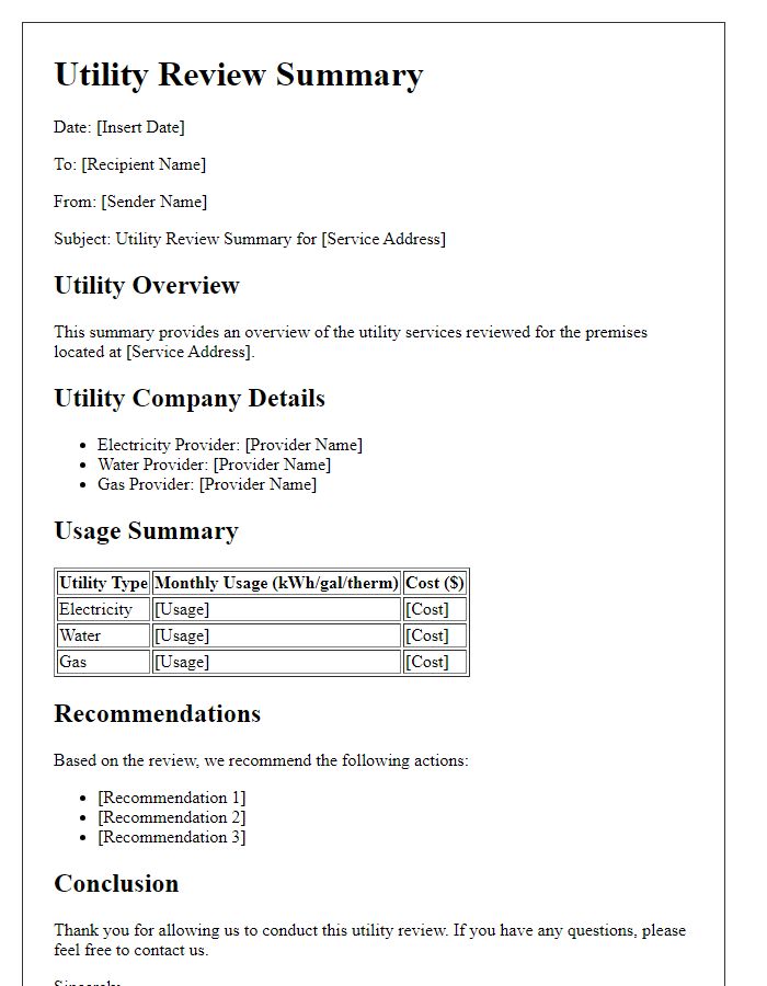 Letter template of Utility Review Summary