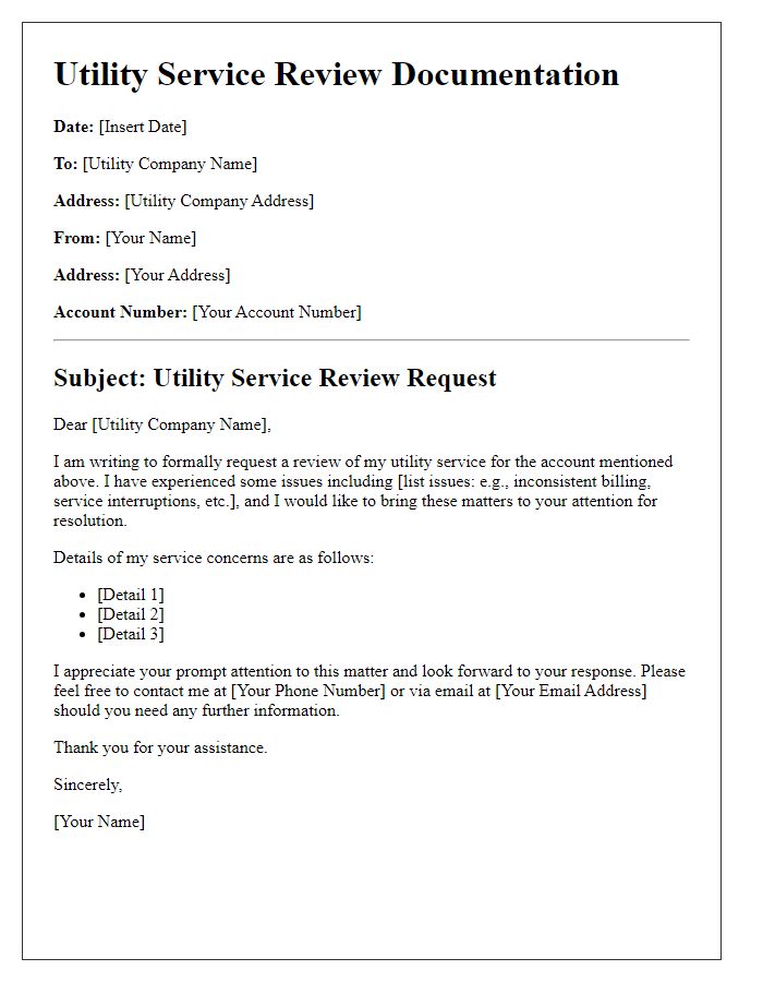 Letter template of Utility Service Review Documentation