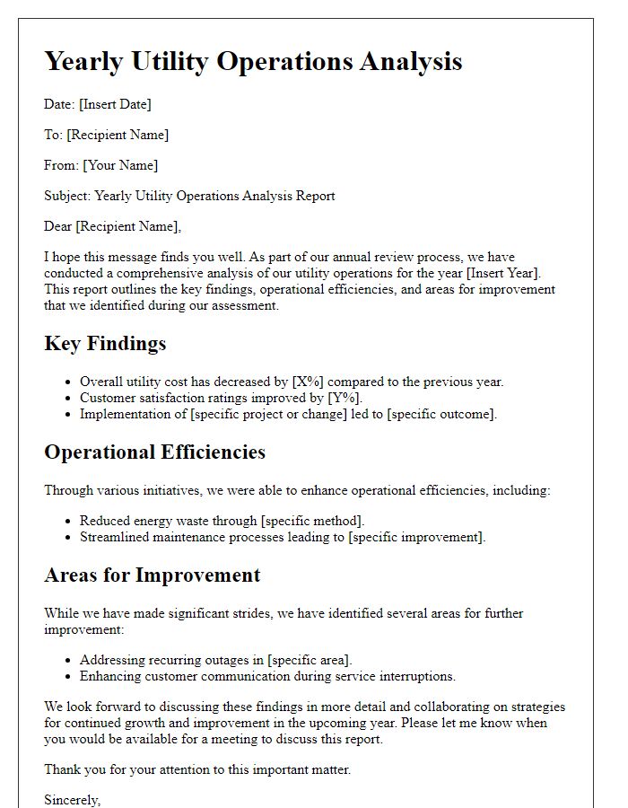 Letter template of Yearly Utility Operations Analysis