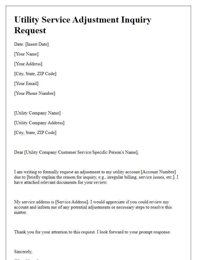 Letter template of utility service adjustment inquiry request