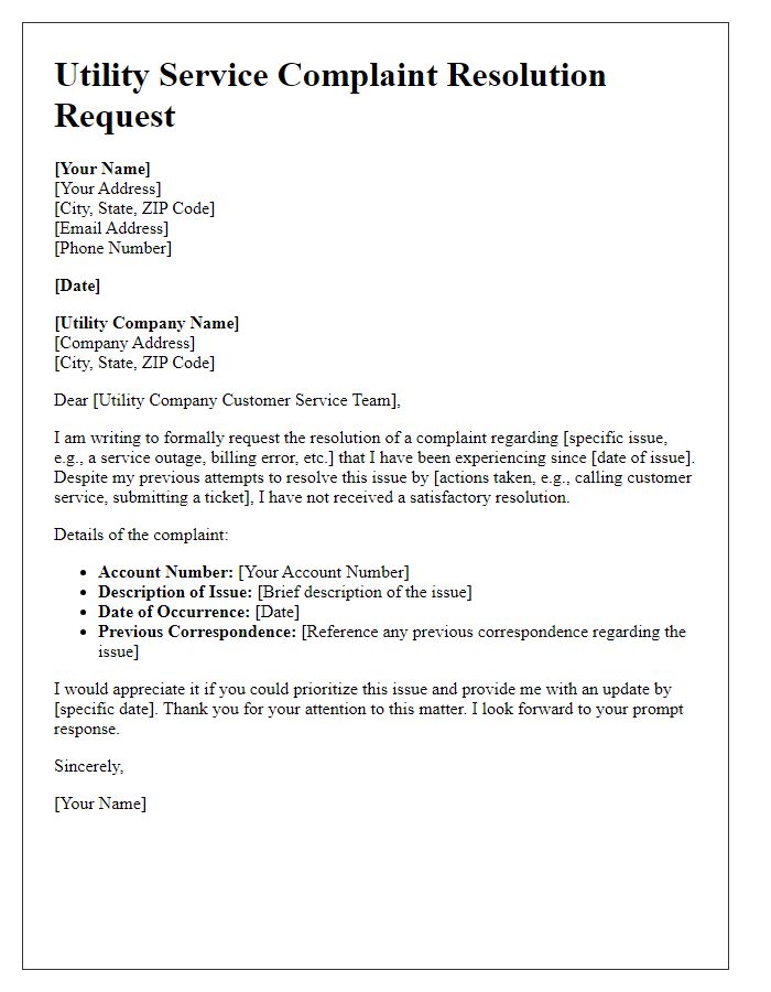 Letter template of utility service complaint resolution request