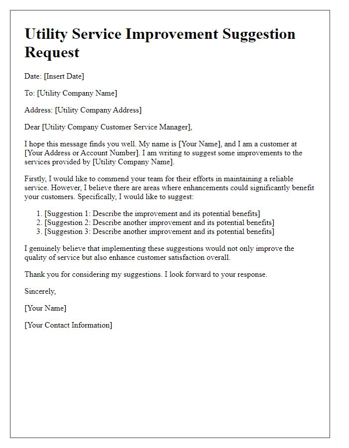 Letter template of utility service improvement suggestion request