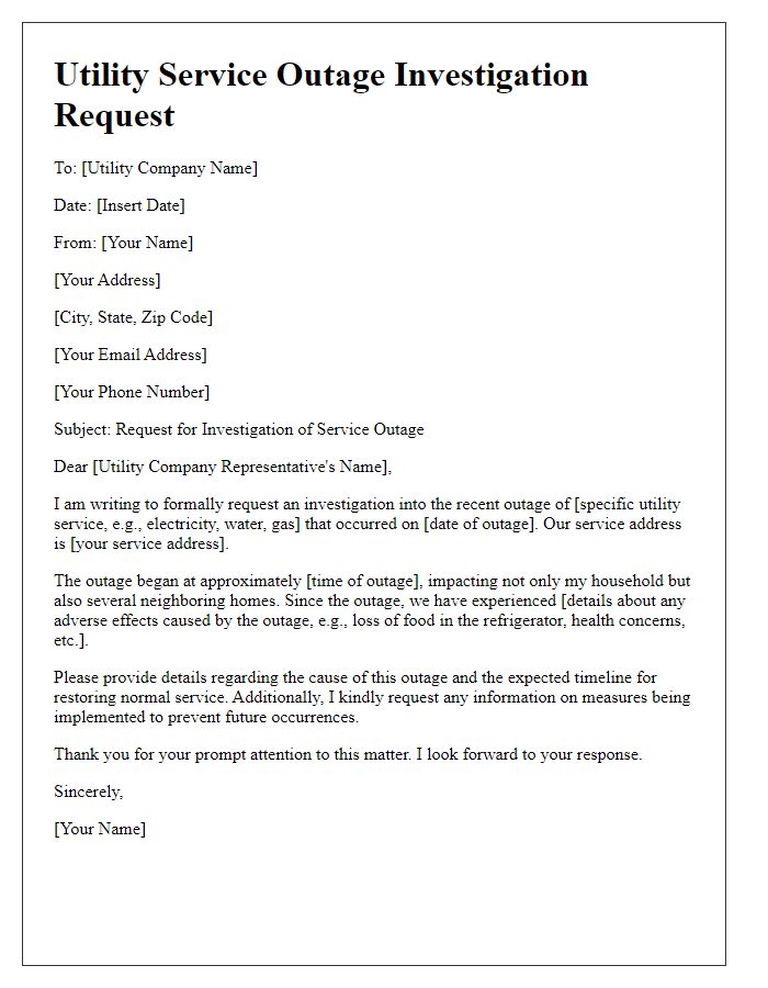 Letter template of utility service outage investigation request