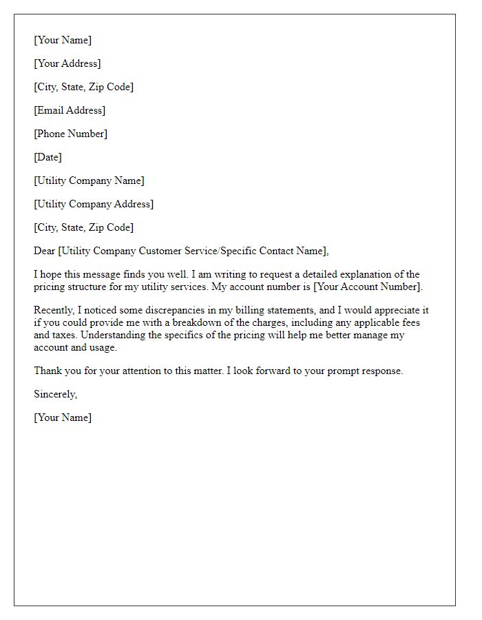 Letter template of utility service pricing explanation request