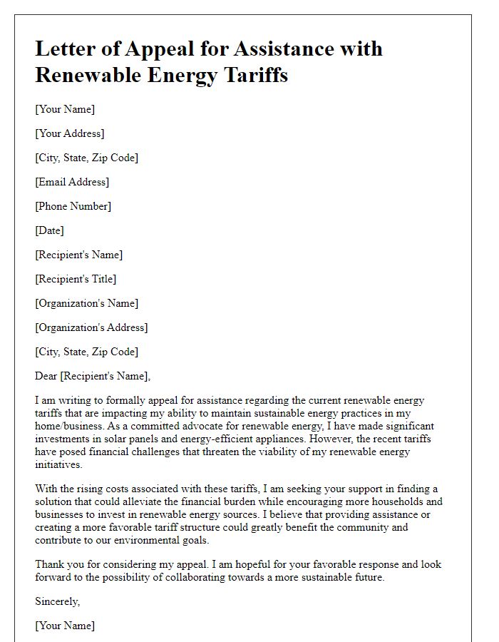 Letter template of appeal for assistance with renewable energy tariffs